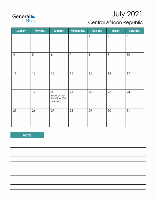 Calendar with Notes Printable - Sunday Start