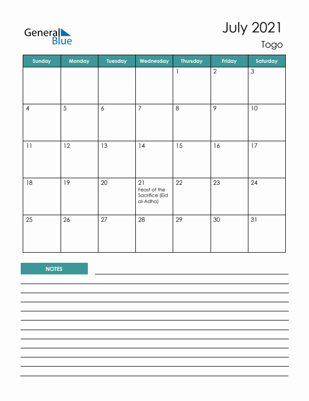 Calendar with Notes Printable - Sunday Start