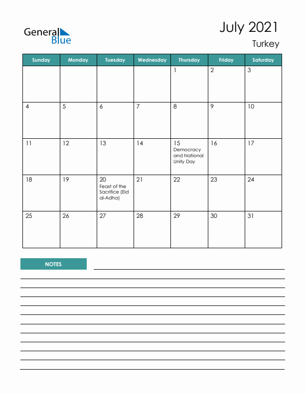 Calendar with Notes Printable - Sunday Start