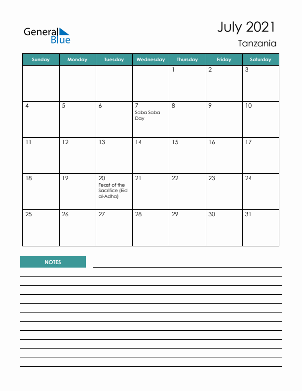 Calendar with Notes Printable - Sunday Start