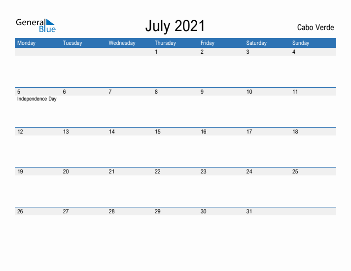 Fillable July 2021 Calendar