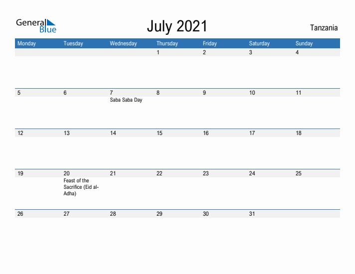 Fillable July 2021 Calendar