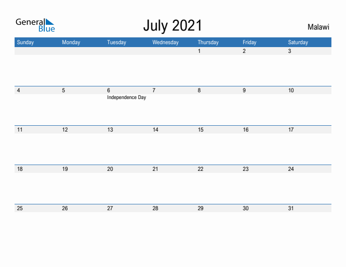 Fillable July 2021 Calendar