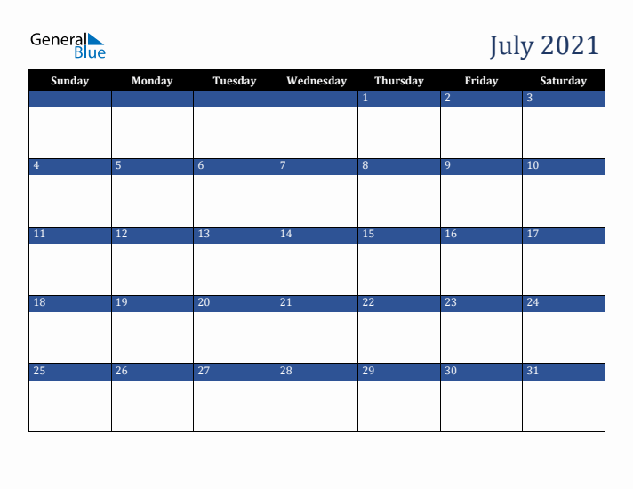 Sunday Start Calendar for July 2021