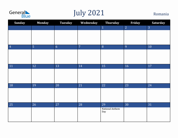 July 2021 Romania Calendar (Sunday Start)