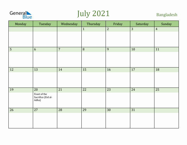 July 2021 Calendar with Bangladesh Holidays