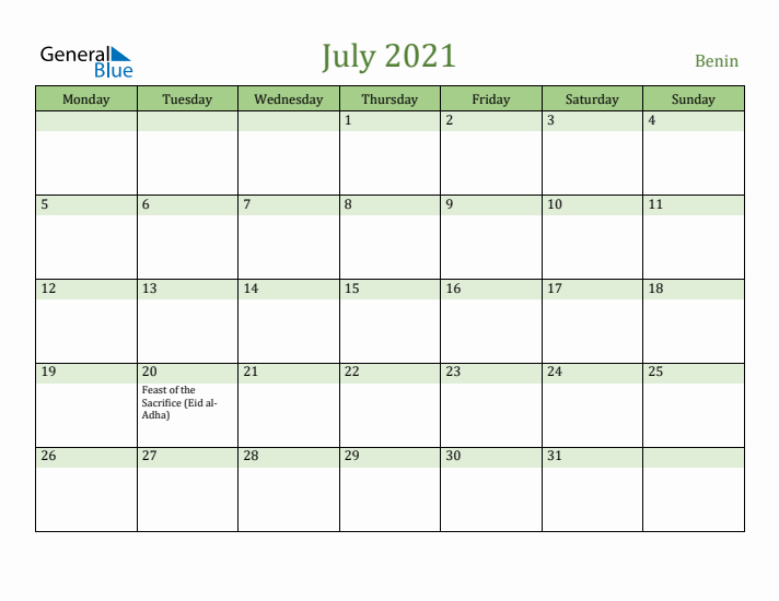 July 2021 Calendar with Benin Holidays