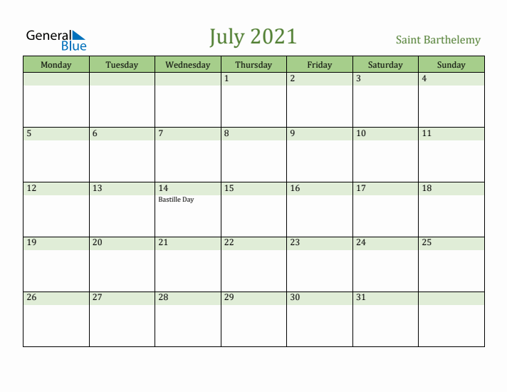 July 2021 Calendar with Saint Barthelemy Holidays