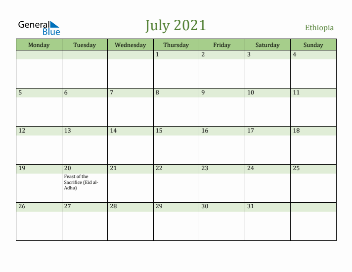 July 2021 Calendar with Ethiopia Holidays