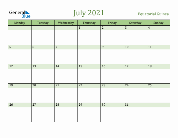 July 2021 Calendar with Equatorial Guinea Holidays