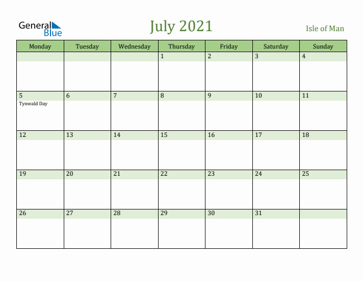 July 2021 Calendar with Isle of Man Holidays