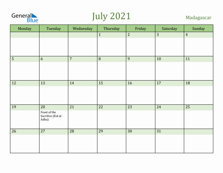 July 2021 Calendar with Madagascar Holidays