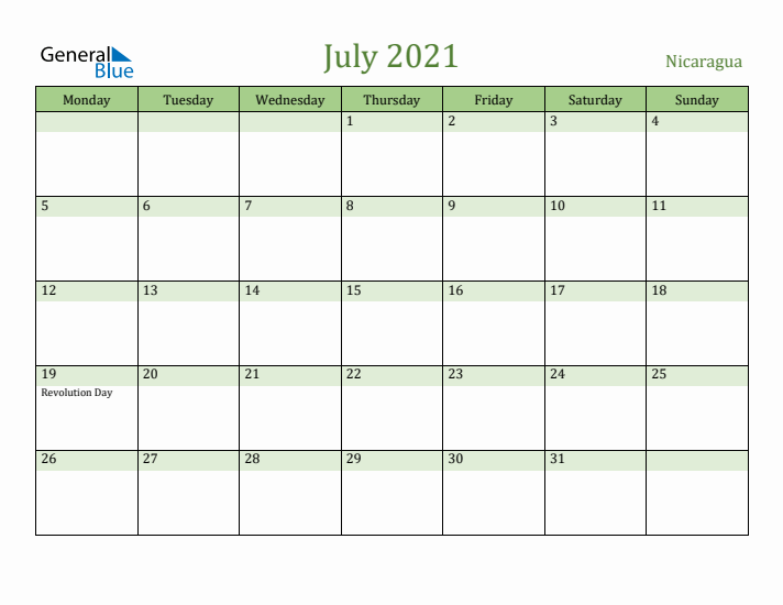 July 2021 Calendar with Nicaragua Holidays