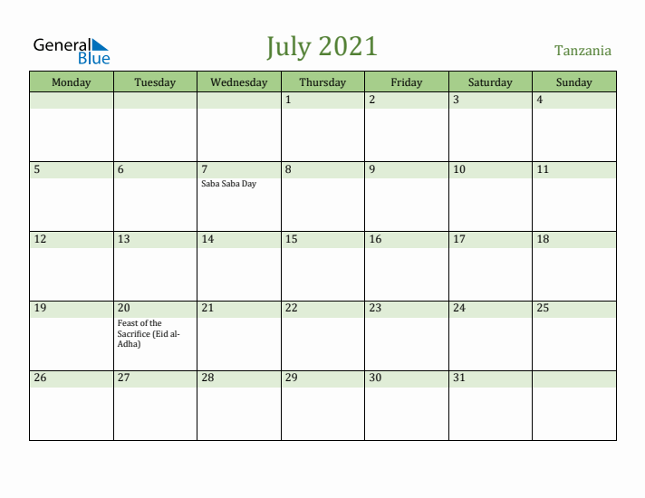 July 2021 Calendar with Tanzania Holidays