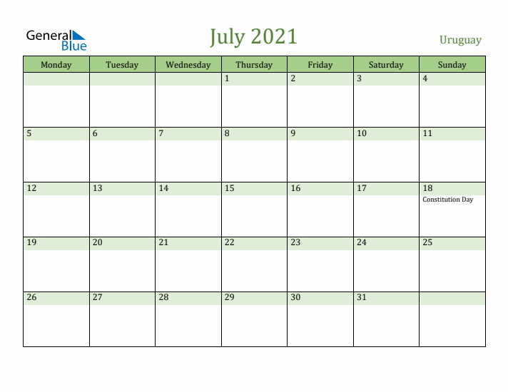 July 2021 Calendar with Uruguay Holidays