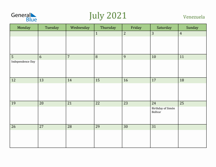 July 2021 Calendar with Venezuela Holidays