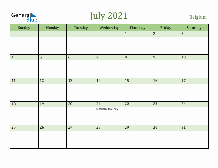 July 2021 Calendar with Belgium Holidays