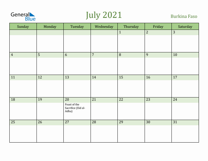 July 2021 Calendar with Burkina Faso Holidays