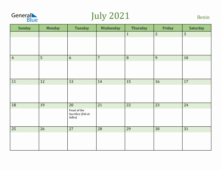 July 2021 Calendar with Benin Holidays