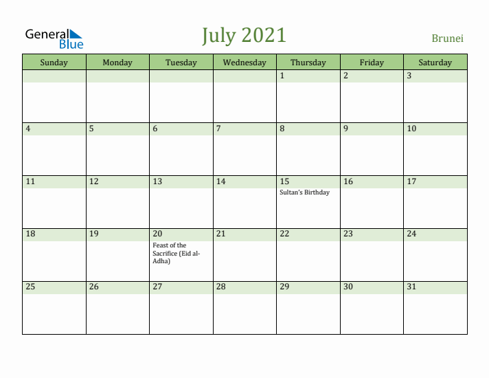 July 2021 Calendar with Brunei Holidays