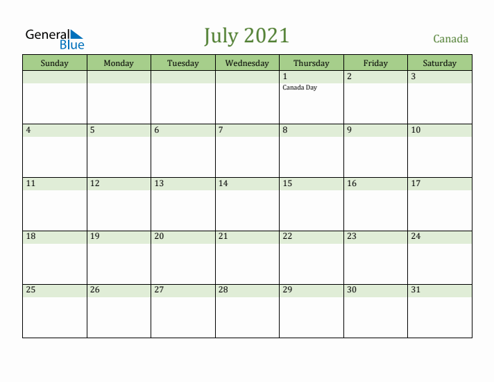 July 2021 Calendar with Canada Holidays