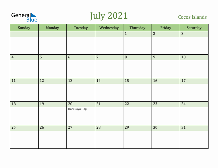 July 2021 Calendar with Cocos Islands Holidays