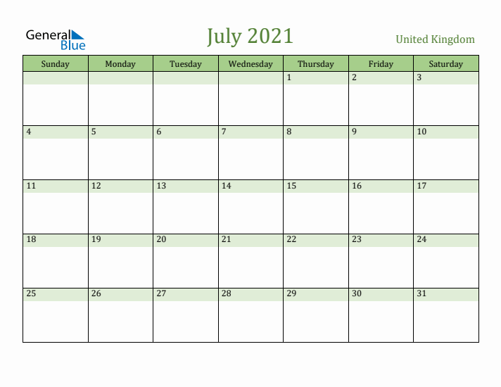 July 2021 Calendar with United Kingdom Holidays