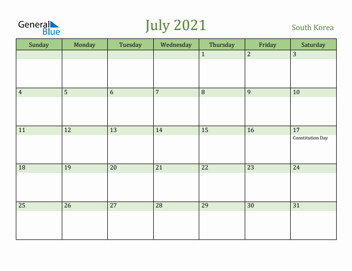 July 2021 Calendar with South Korea Holidays