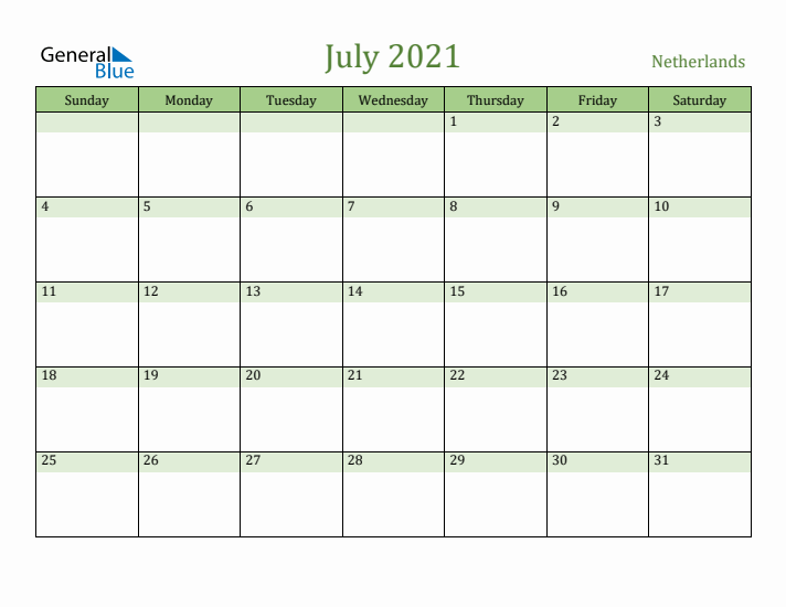 July 2021 Calendar with The Netherlands Holidays