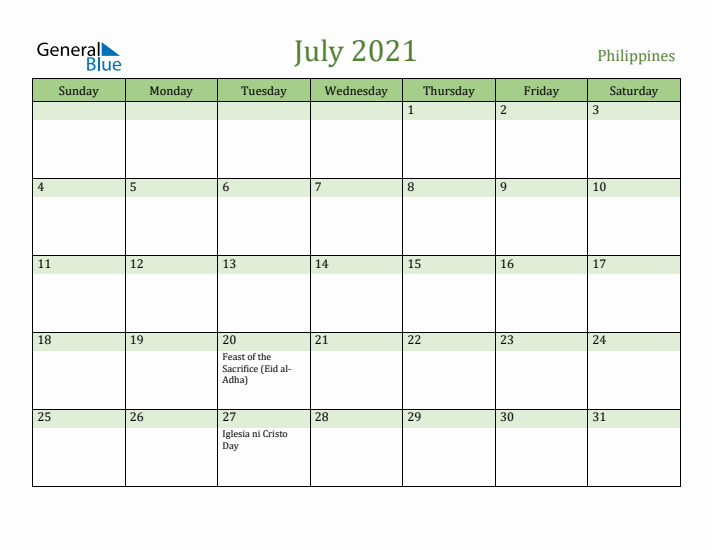 July 2021 Calendar with Philippines Holidays