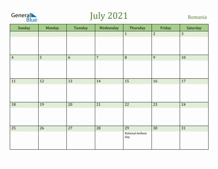 July 2021 Calendar with Romania Holidays