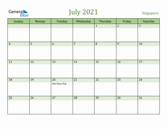 July 2021 Calendar with Singapore Holidays