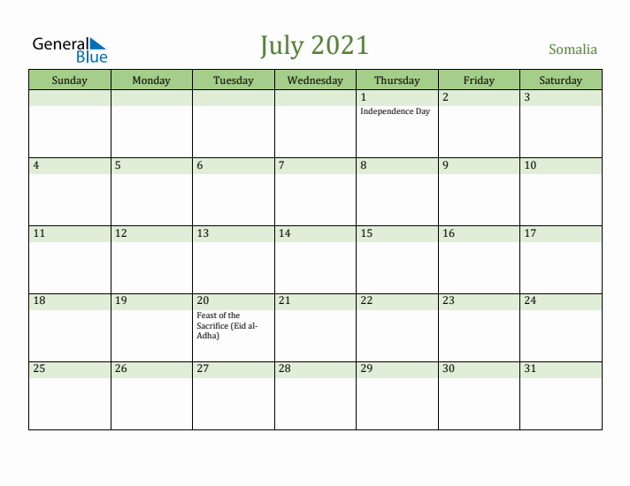 July 2021 Calendar with Somalia Holidays