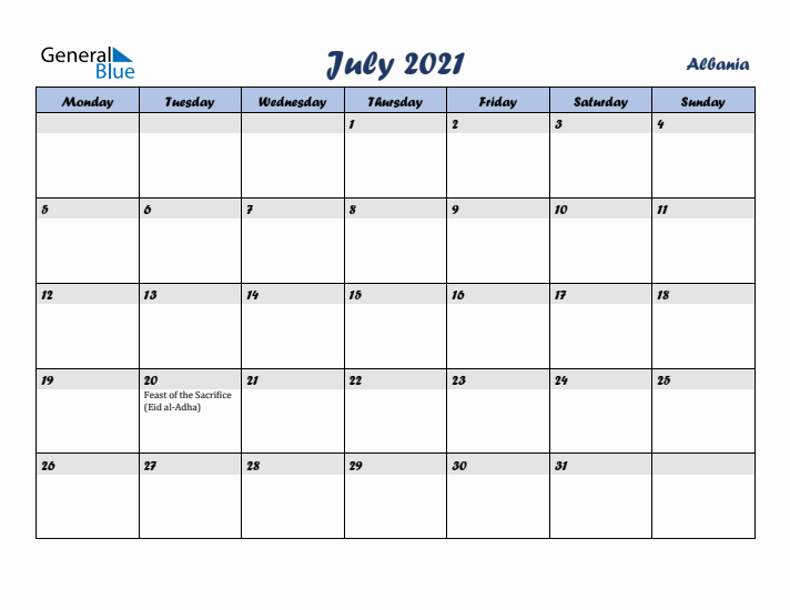 July 2021 Calendar with Holidays in Albania