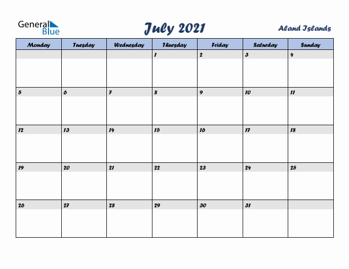 July 2021 Calendar with Holidays in Aland Islands