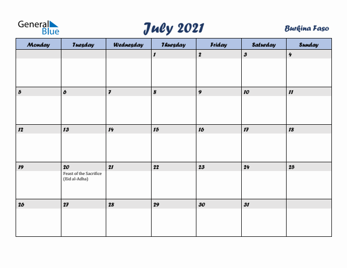 July 2021 Calendar with Holidays in Burkina Faso