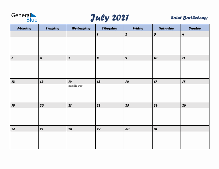 July 2021 Calendar with Holidays in Saint Barthelemy