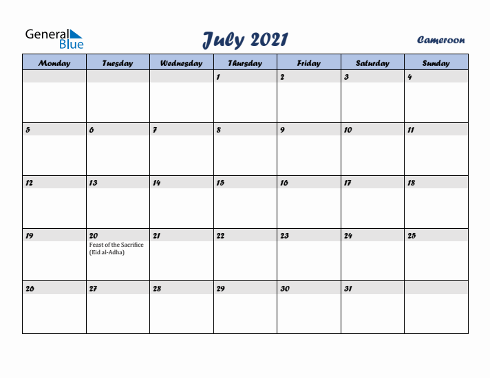 July 2021 Calendar with Holidays in Cameroon