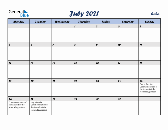 July 2021 Calendar with Holidays in Cuba