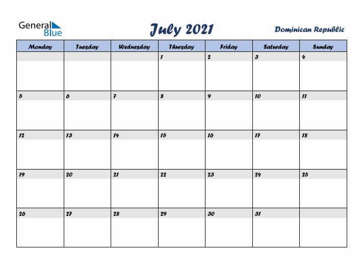 July 2021 Calendar with Holidays in Dominican Republic