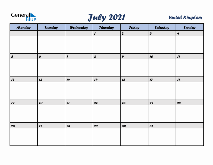 July 2021 Calendar with Holidays in United Kingdom