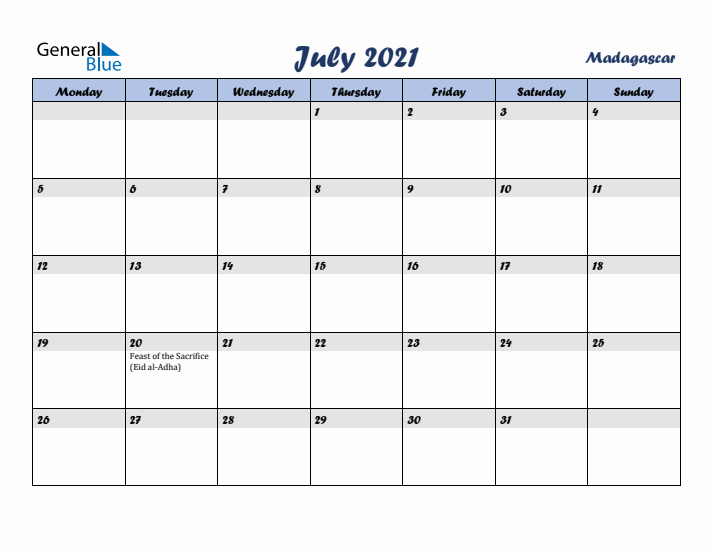 July 2021 Calendar with Holidays in Madagascar