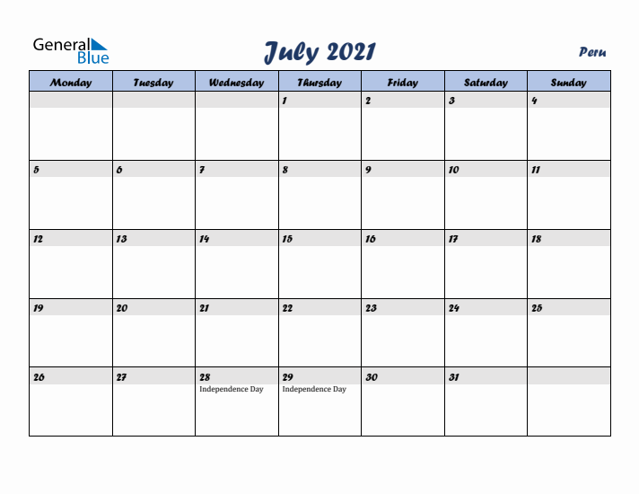 July 2021 Calendar with Holidays in Peru