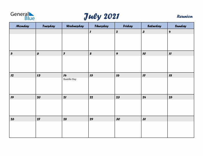 July 2021 Calendar with Holidays in Reunion