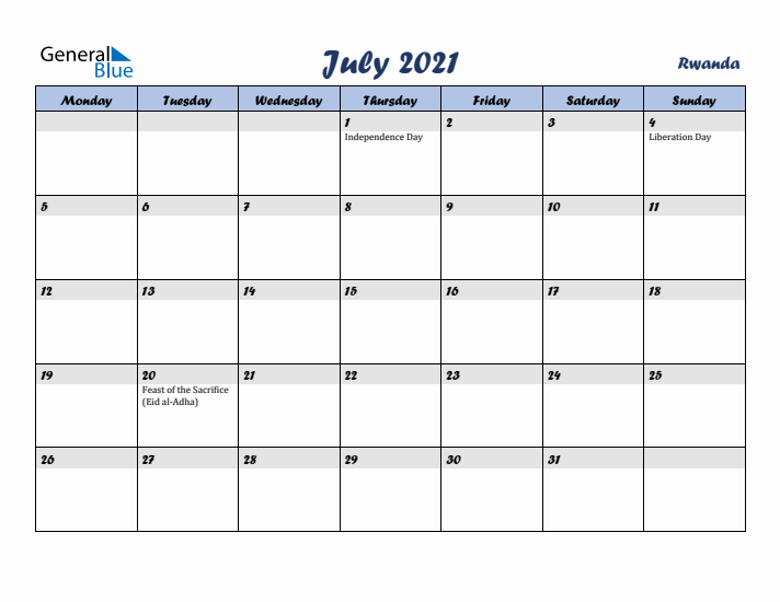 July 2021 Calendar with Holidays in Rwanda