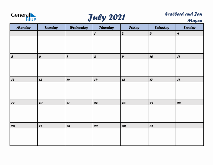 July 2021 Calendar with Holidays in Svalbard and Jan Mayen