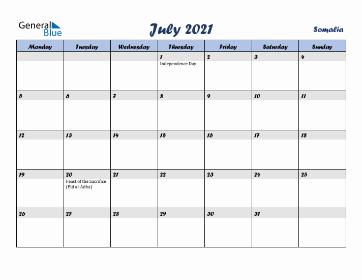 July 2021 Calendar with Holidays in Somalia