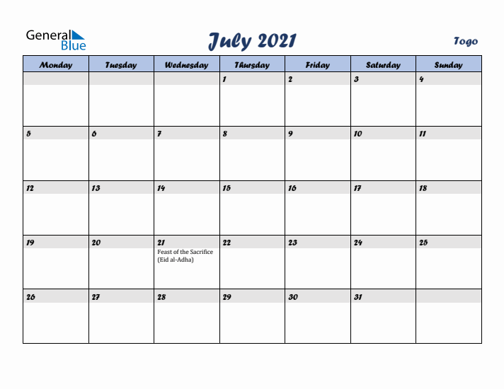 July 2021 Calendar with Holidays in Togo