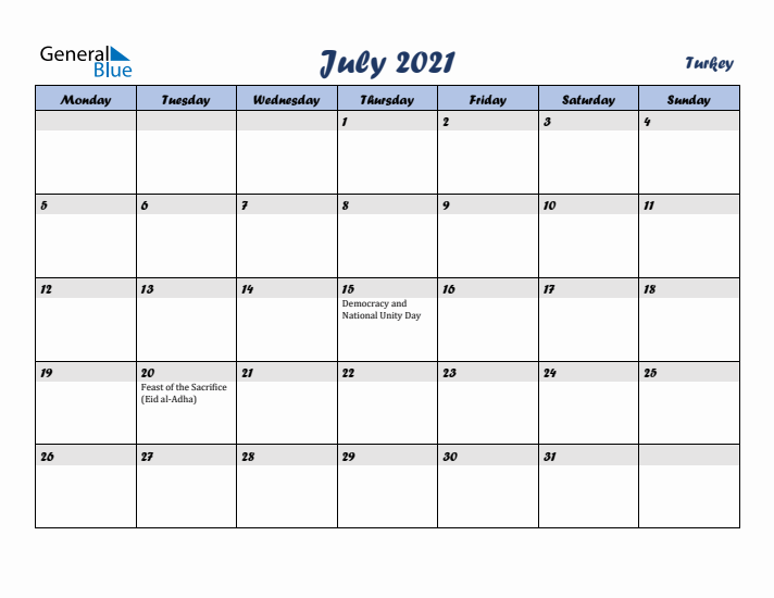 July 2021 Calendar with Holidays in Turkey