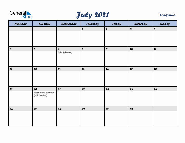 July 2021 Calendar with Holidays in Tanzania